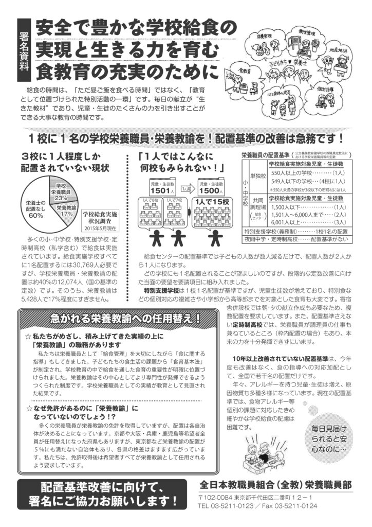 学校栄養職員・栄養教諭の1校1名の配置と複数配置を求める2025年度版要請署名